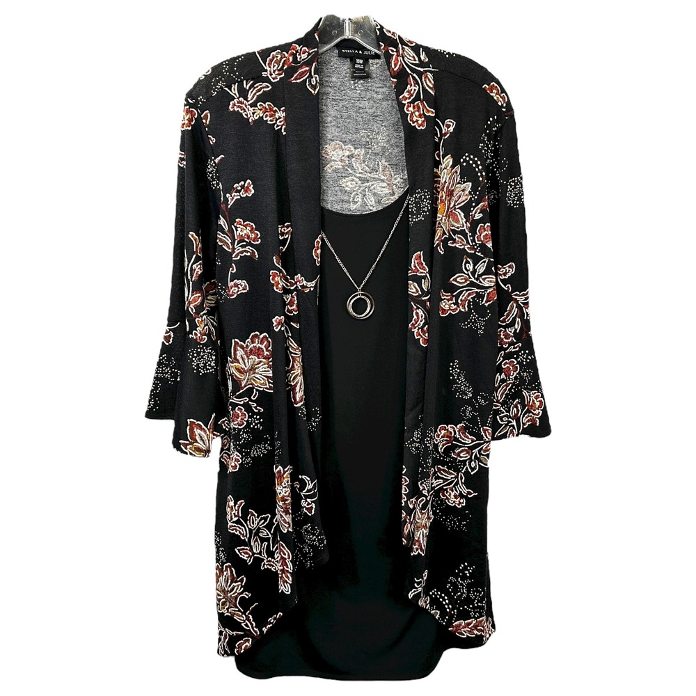 Stella Julie Plus Size 16W Top Boho Floral Shrug Necklace Bell Sleeve Black 1428